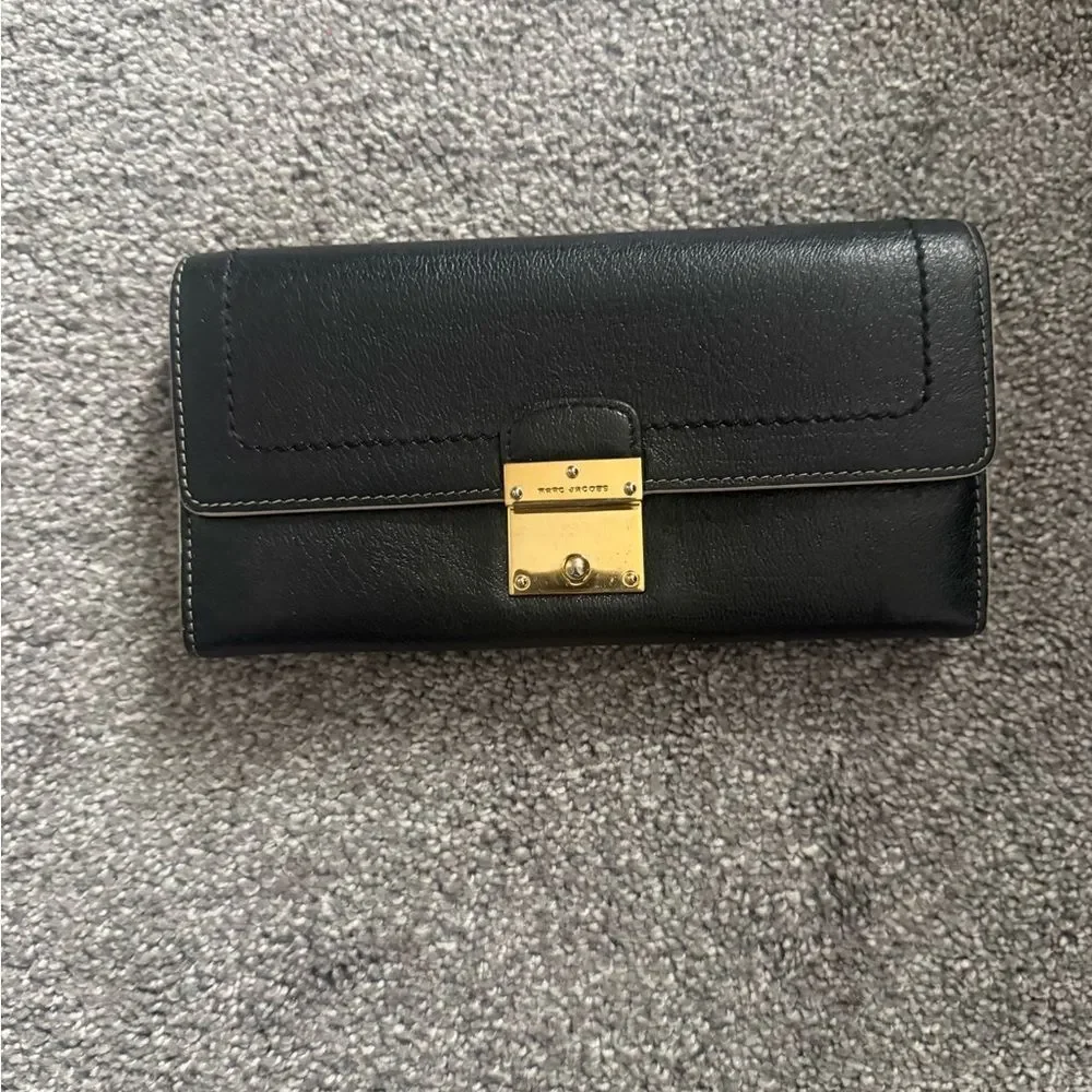 Marc Jacobs Black Leather Continental Wallet with Gold Clasp